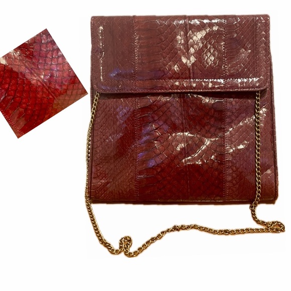 I. Miller Handbags - VTG 70’s Genuine Snakeskin Clutch Shoulder Bag Red Gold chain strap Flap Rare